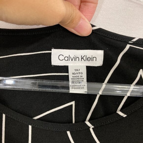 Calvin Klein Black White Round Neck Letter Print Stretch Mesh Sleeve Top 1X - Picture 2 of 9